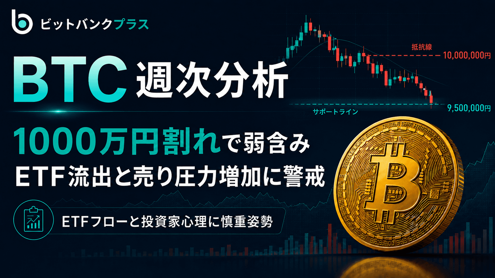 BTC週次分析|BTCは1000万円割れで弱含み、ETF流出と売り圧力の増加に警戒